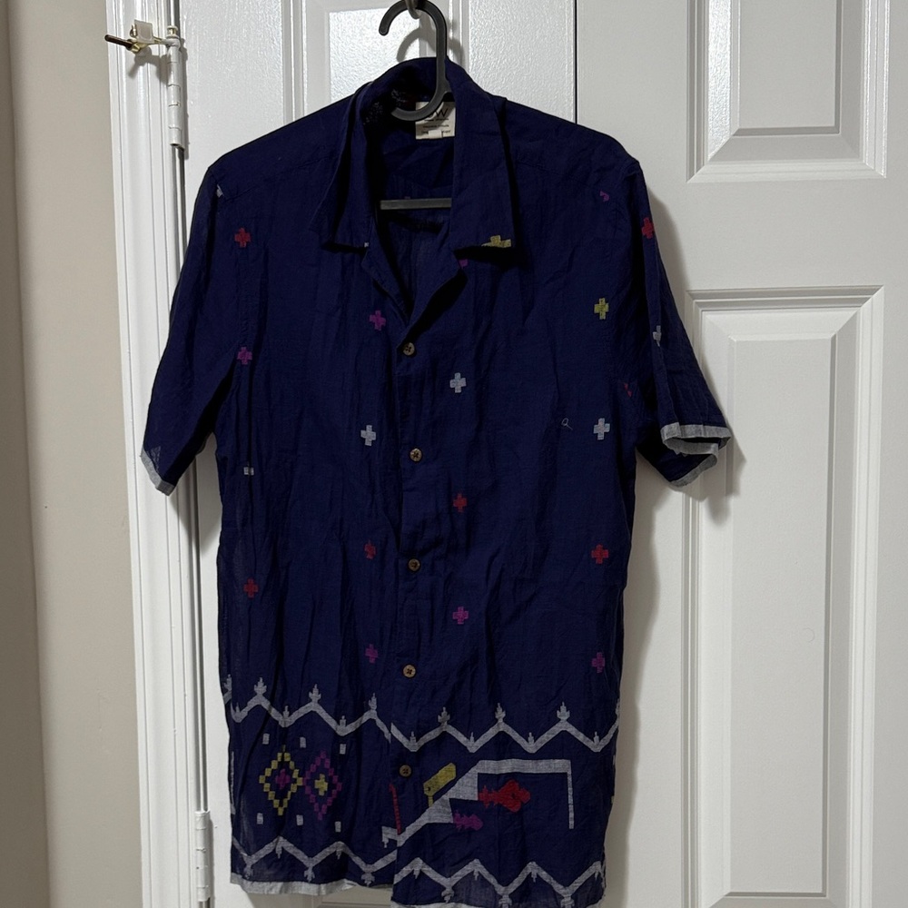 Men's Dark Blue Patterned Button Shortsleeved Down Shirt